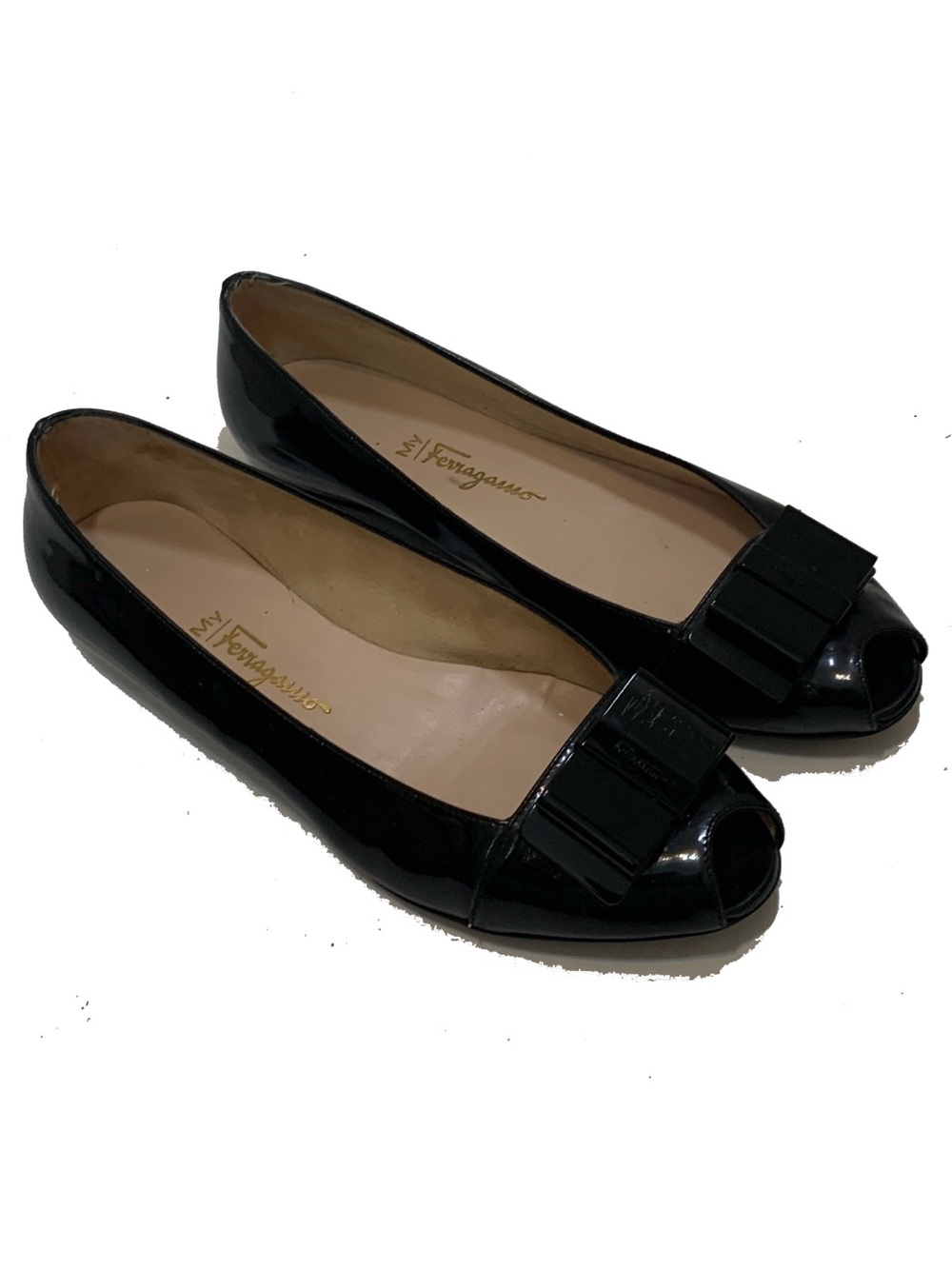 Salvatore Ferragamo Black Patent Peep-Toe Bow Flats